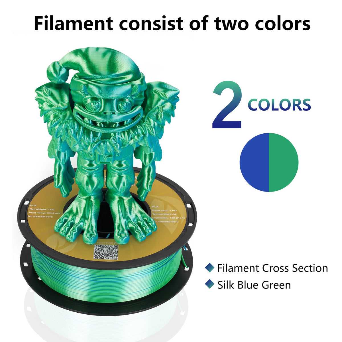 【2KG Pack】Dual Color Silk PLA Filament - Green / Blue PLA Impresora 3D