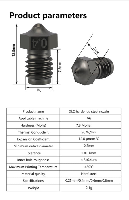 E3D V6 DLC Hardened Steel Nozzle for Kingroon KP3S Pro S1, KP3S, KP3S Pro, KP5L